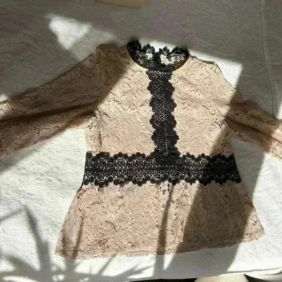 🏷️ SALE Zara  Blush Pink Black Detail Lace Blouse Girlhoodcore - Picture 6 of 12